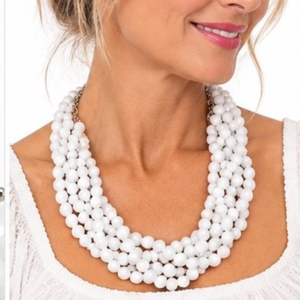 Womens White Multi Strand Statement Necklace Faceted Bead Bib Silver Tone Clasp
